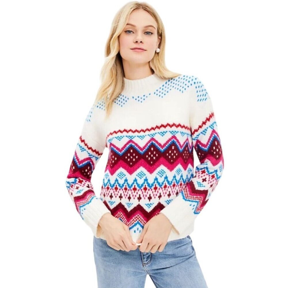 Loft Fair Isle Sweater Size L Wide Sleeve Mock Neck Dress Fuzzy Winter